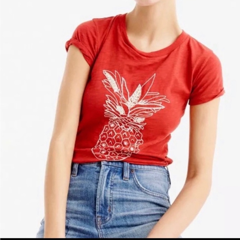 Red-orange J. Crew Pineapple Embroidered T-shirt 100% cotton